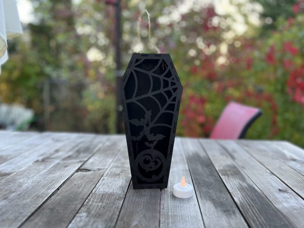 Silly Pumpkin and Spiderweb spooky Halloween Coffin Candle Holder